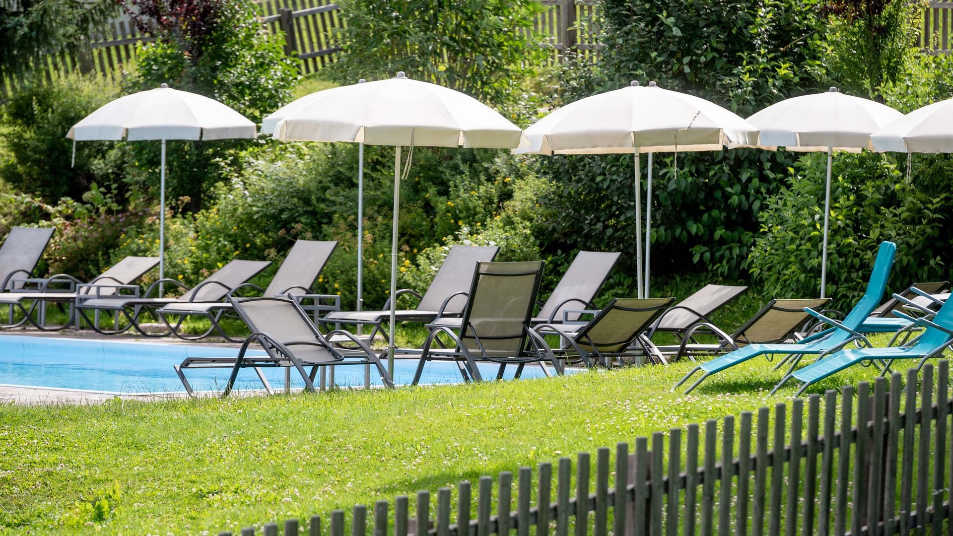 Wellnesshotel im Defereggental: Wohlfühlurlaub vom Feinsten Leere Liegestühle mit Sonnenschirmen an einem Pool im Grünen