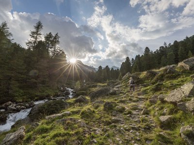 Die Osttirol Card – Ihre Karte ins Glück Wanderer auf Bergpfad mit Bach, Sonnenaufgang und bewaldeten Bergen