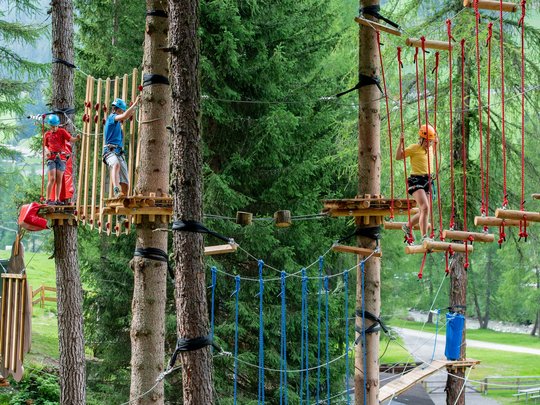 Trekking in Tirolo, Austria: allo Jesacherhof Bambini che si arrampicano in un parco avventura tra gli alberi con equipaggiamento di sicurezza