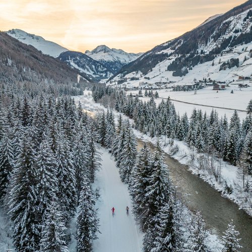 Ausflüge ins Skigebiet St. Jakob im Defereggental Zwei Langläufer auf verschneiter Strecke zwischen Tannen im Tal bei Sonnenuntergang