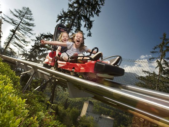 Trekking in Tirolo, Austria: allo Jesacherhof Due bambini che ridono mentre scendono su una slitta estiva rossa nella foresta